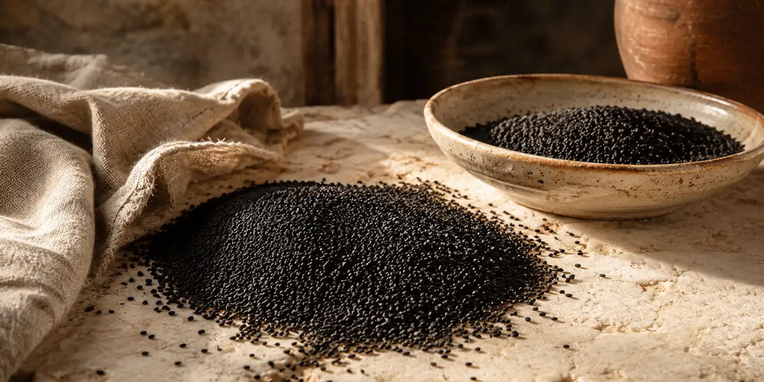Matte black cumin seeds heaped on a warm pale limestone slab beside a woven cloth in daylight