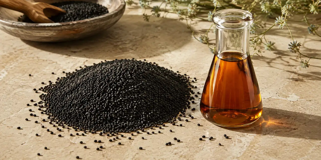 Matte black cumin seeds heaped beside a small glass flask of deep amber oil on a pale stone surface