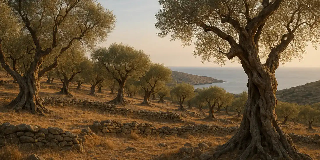 Ancient gnarled olive grove on a dry hillside above a distant coastline with silvery leaves in warm late light