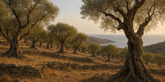 Ancient gnarled olive grove on a dry hillside above a distant coastline with silvery leaves in warm late light