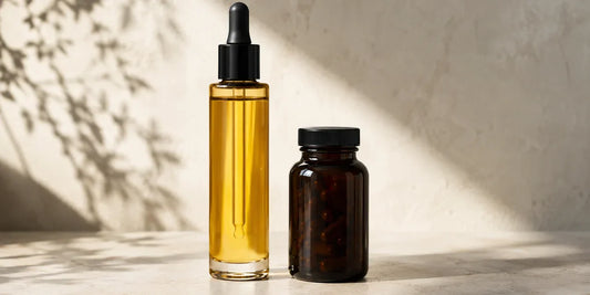 Two distinctly different oil bottles side by side on a pale surface in soft directional light