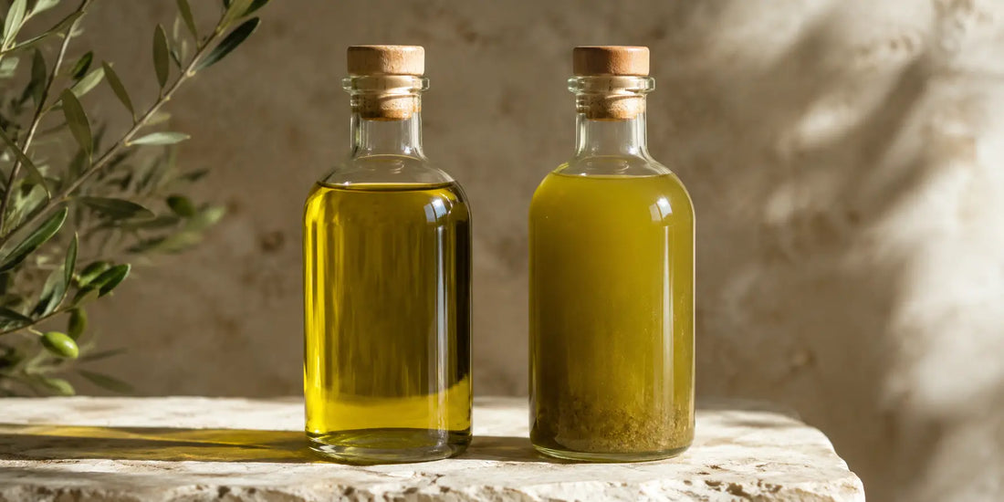 Two clear glass bottles of olive oil side by side on a pale stone surface — one clear and one cloudy with visible sediment — in soft directional daylight