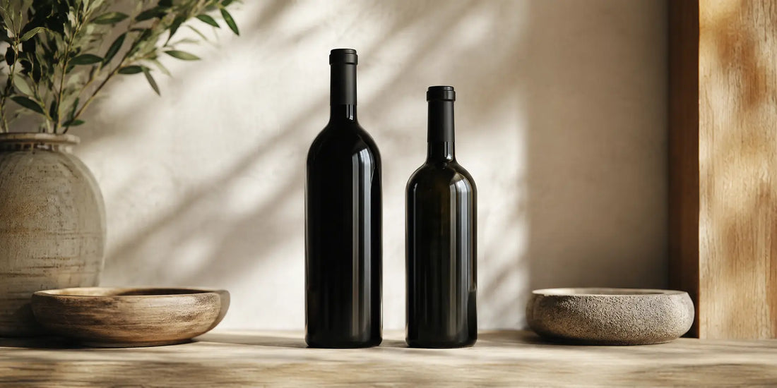 Two different unbranded dark glass bottles arranged side by side on a pale wooden shelf in soft directional daylight