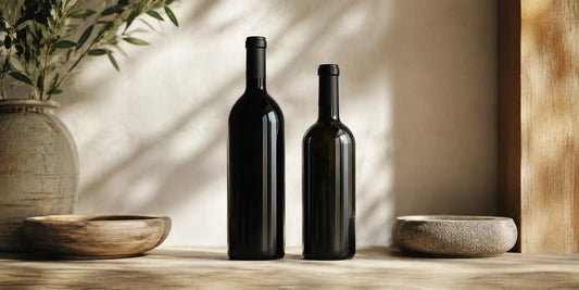 Two different unbranded dark glass bottles arranged side by side on a pale wooden shelf in soft directional daylight
