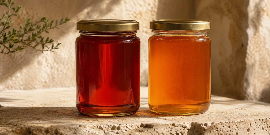 Two clear glass jars of premium honey side by side on a pale stone surface — one rich dark amber and one slightly lighter — in warm directional daylight