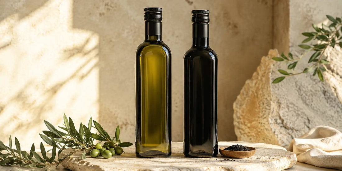 A dark glass bottle of olive oil and a matte black bottle of black seed oil side by side on a pale stone surface in warm directional light