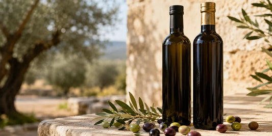 Two unbranded dark glass olive oil bottles beside fresh green olives and leaves on a pale stone surface in warm daylight