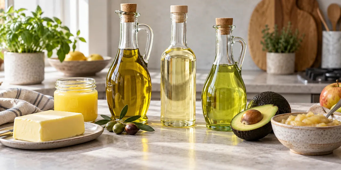 Glass bottles of golden-green olive oil, pale refined oil and avocado oil beside butter, ghee and applesauce