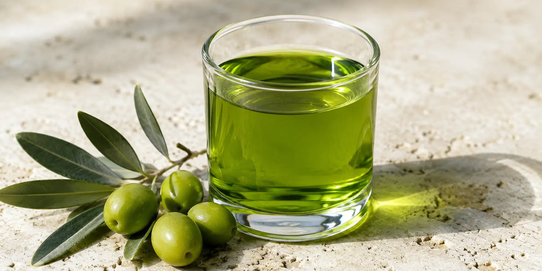 Intensely green fresh olive oil in a clear glass beside a small cluster of fresh green olives on a pale stone surface in bright daylight