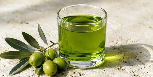 Intensely green fresh olive oil in a clear glass beside a small cluster of fresh green olives on a pale stone surface in bright daylight