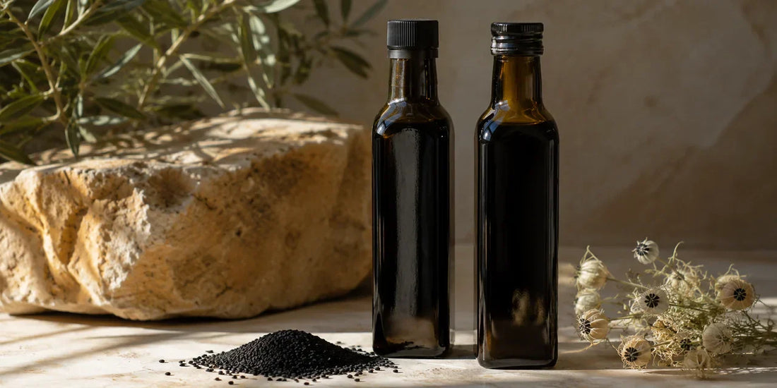 Two dark glass black seed oil bottles side by side on a pale stone surface with Nigella seeds in warm directional light