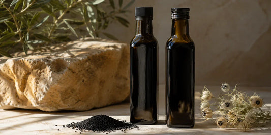 Two dark glass black seed oil bottles side by side on a pale stone surface with Nigella seeds in warm directional light