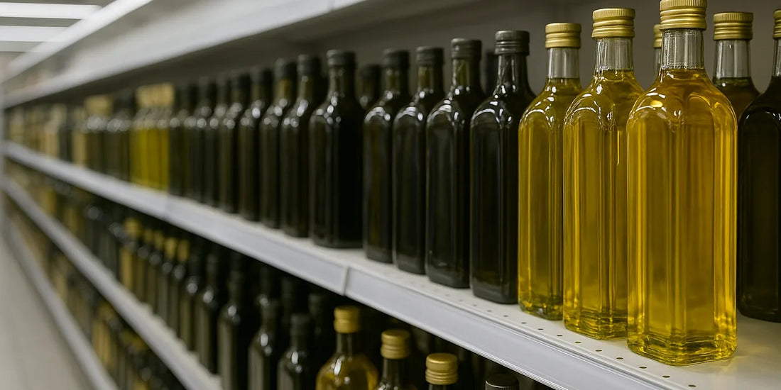 Long supermarket shelf of unbranded clear and dark glass oil bottles under bright even retail lighting