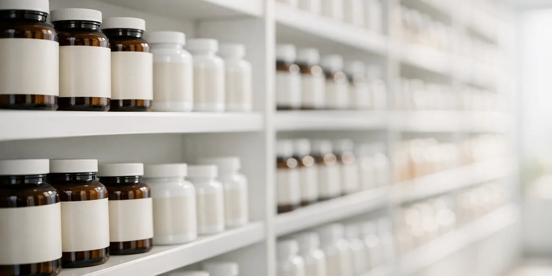 Rows of unbranded amber and white supplement bottles with blank labels on bright pharmacy shelving