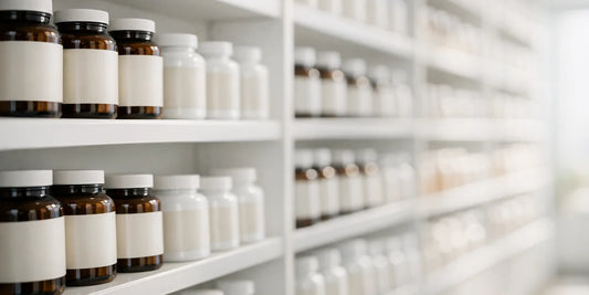 Rows of unbranded amber and white supplement bottles with blank labels on bright pharmacy shelving