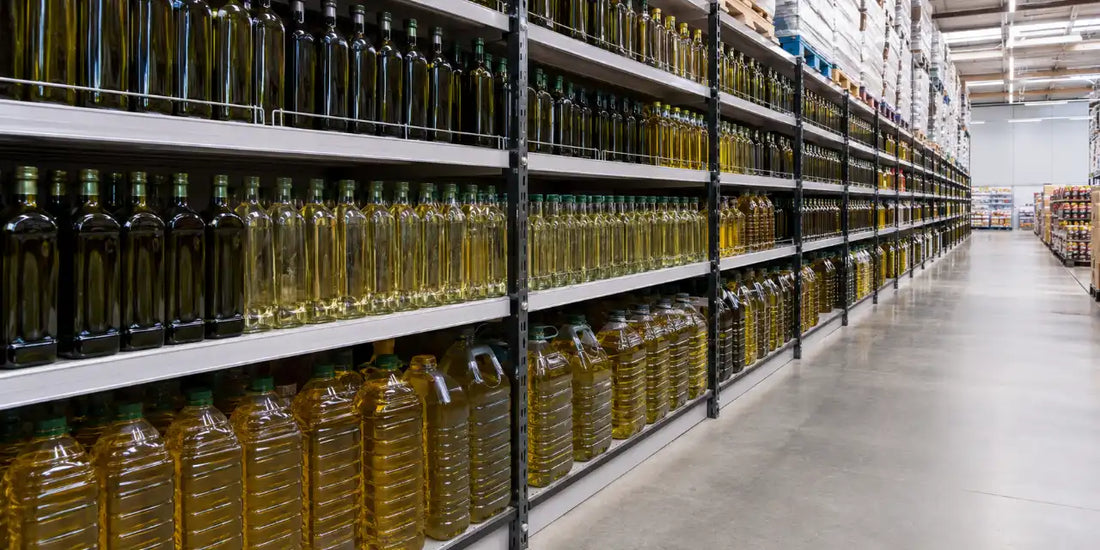 Long wide grocery aisle lined with rows of unbranded olive oil bottles and large plain plastic jugs