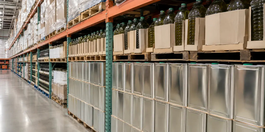 Tall steel warehouse shelving stacked with large plain olive oil tins and jugs in a wide retail aisle