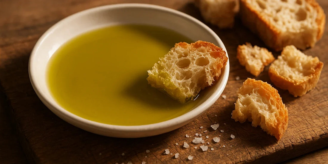 Shallow white dish pooled with green-gold olive oil on a wooden board beside torn pieces of rustic bread