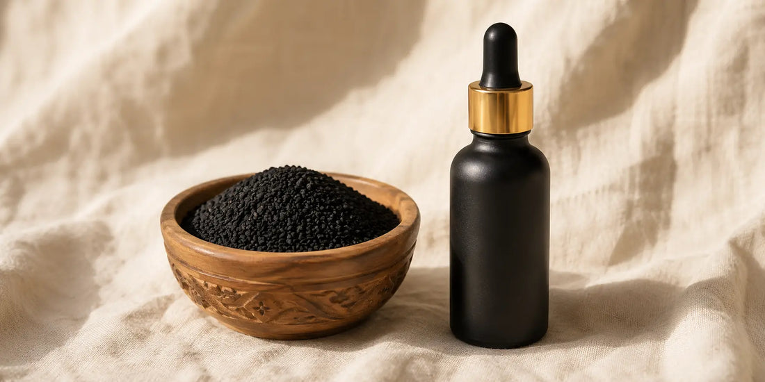 Small wooden bowl of matte black Nigella sativa seeds beside an unbranded dark glass bottle on a pale linen surface in warm daylight