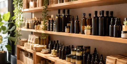 Wooden retail shelves displaying various unbranded glass bottles of oil and wellness products in soft warm shop lighting