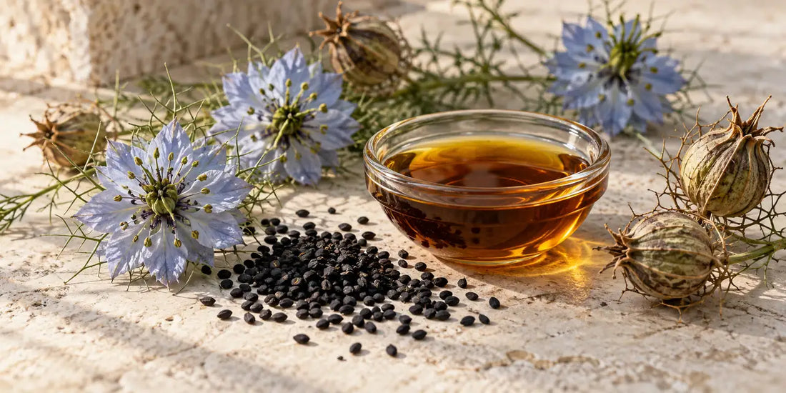 Pale blue nigella flowers and dry seed pods beside a glass dish of deep amber oil on stone