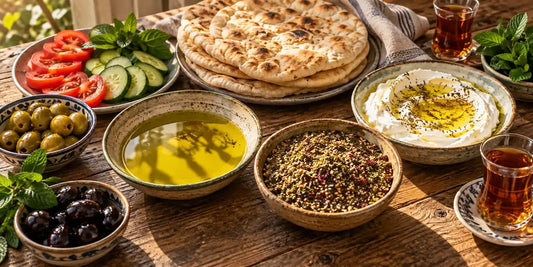 Breakfast table with olive oil and za'atar bowls, warm flatbread, labneh, olives, tomatoes, cucumbers and mint tea