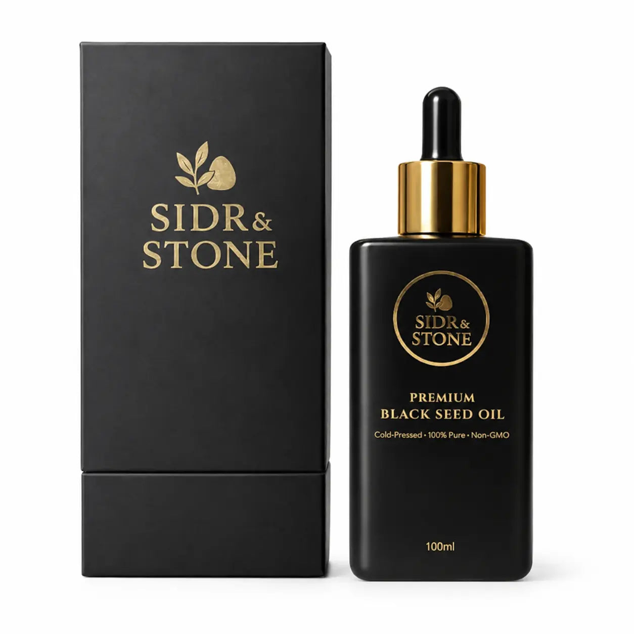 Sidr & Stone premium Ethiopian black seed oil 100ml bottle with gold dropper and gift box