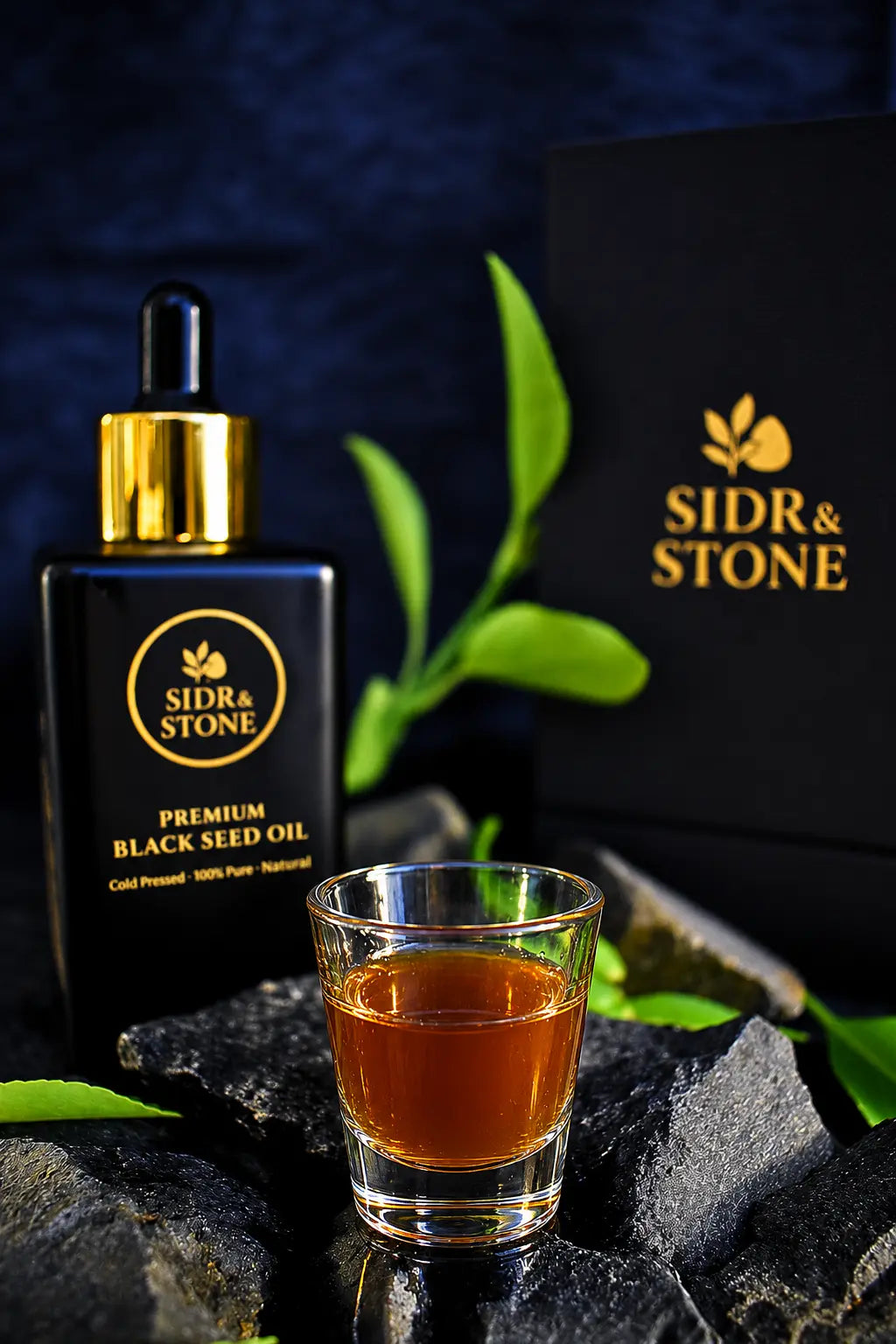 Golden cold-pressed Ethiopian black seed oil in a glass beside the bottle and gift box