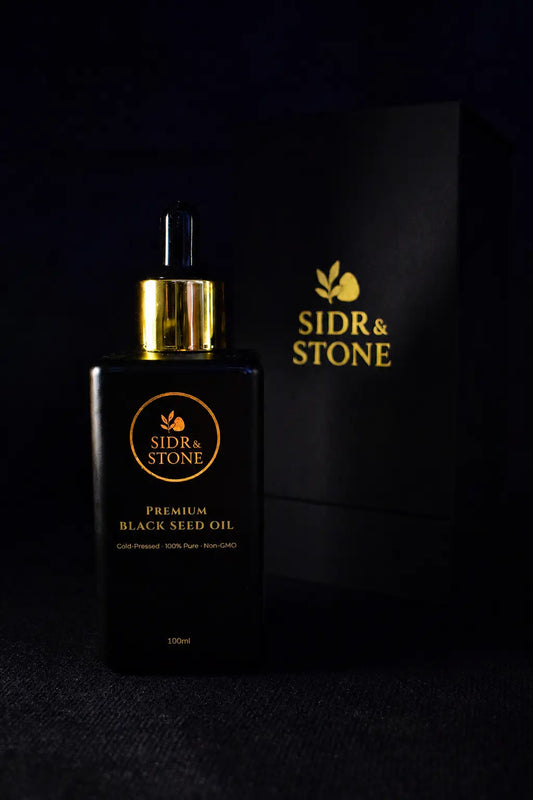 Sidr & Stone premium Ethiopian black seed oil 100ml bottle with gold dropper and gift box