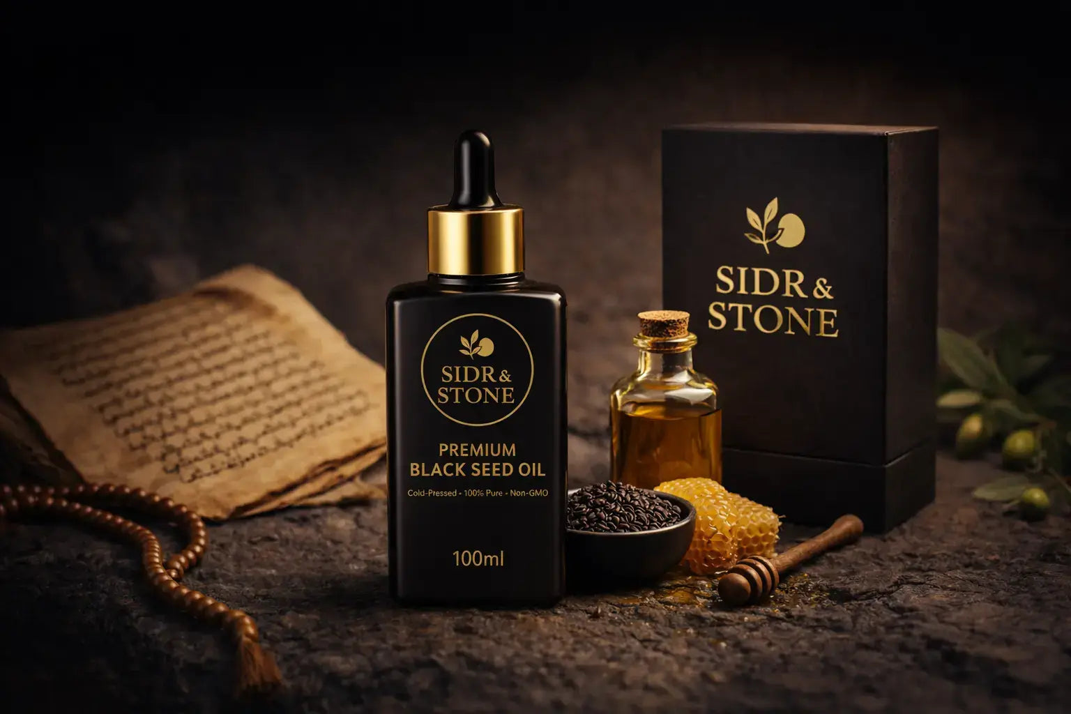 Sidr & Stone premium Ethiopian black seed oil bottle with packaging and ingredients on a dark background