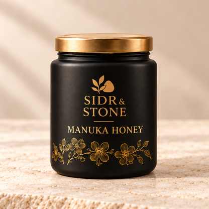 Sidr & Stone Manuka Honey packaging concept photographed on a warm stone surface