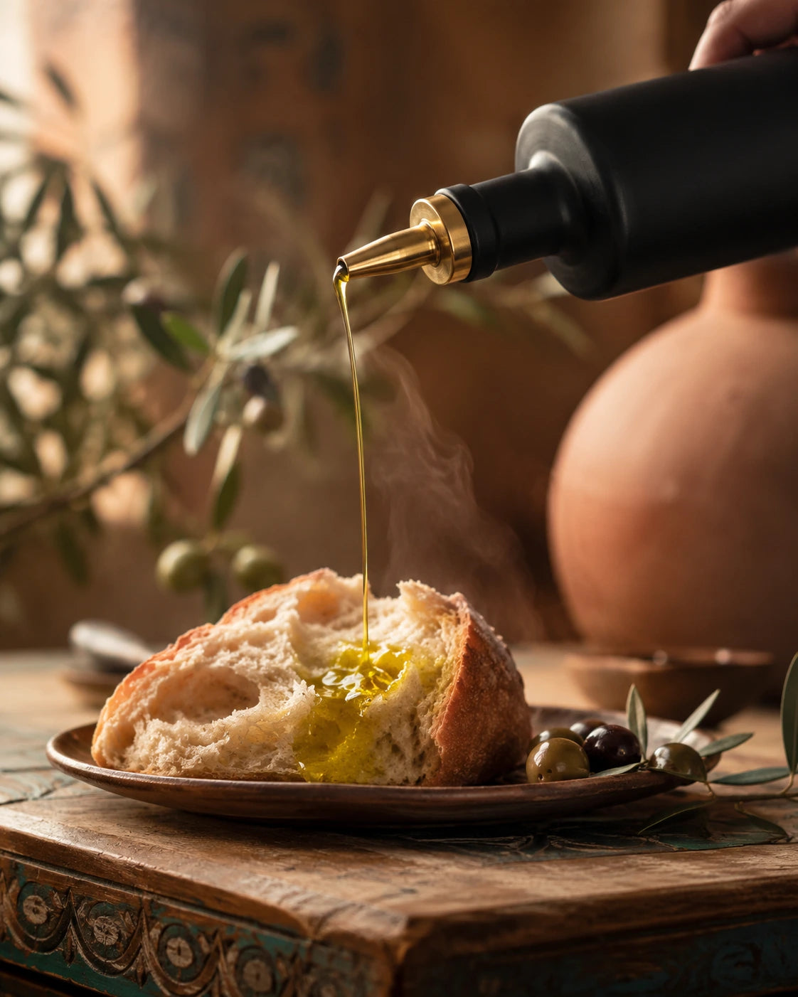 Sidr & Stone single-estate Marrakech extra virgin olive oil drizzled over warm sourdough on a rustic Moroccan table