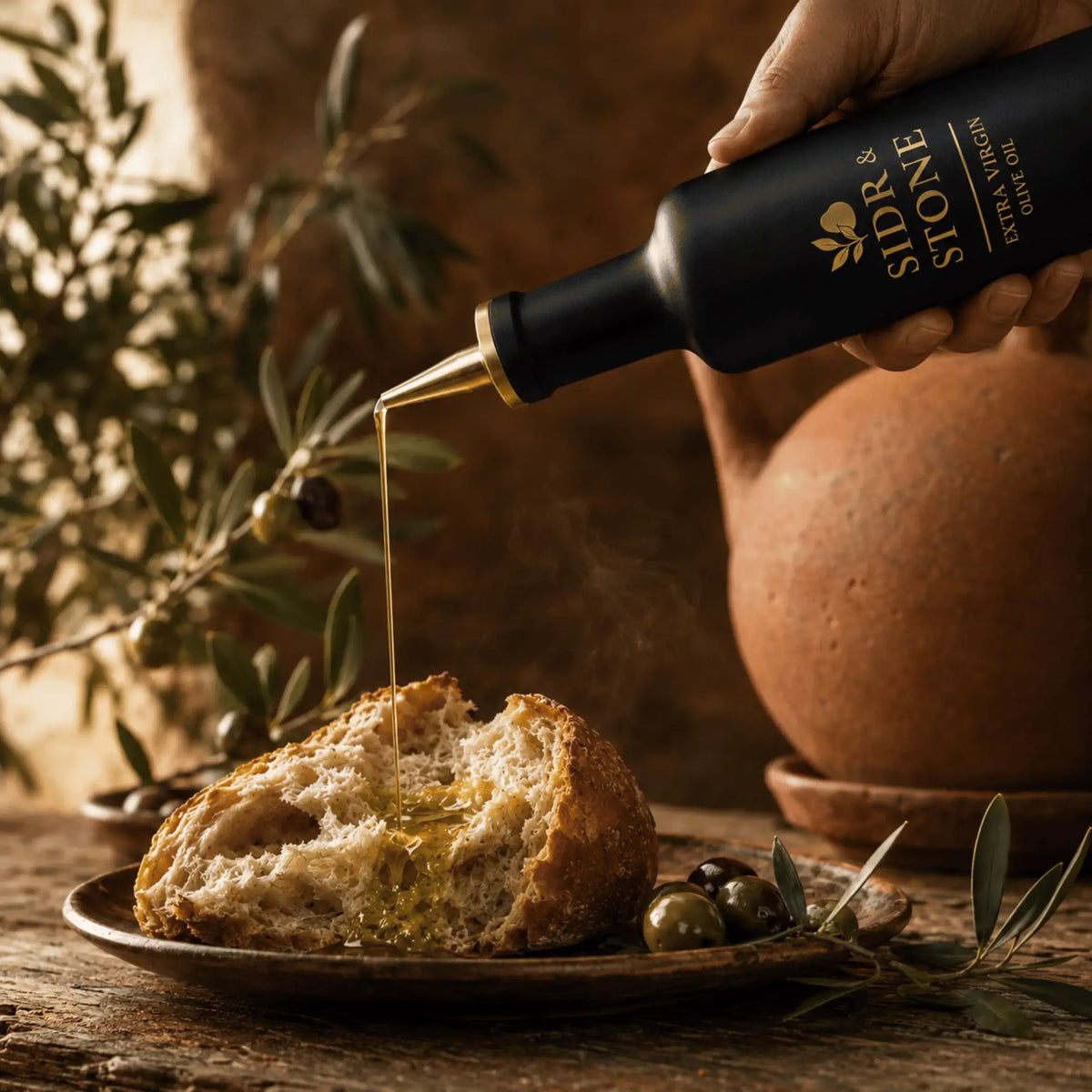 Sidr & Stone extra virgin olive oil being drizzled over rustic bread beside olives and olive branches.