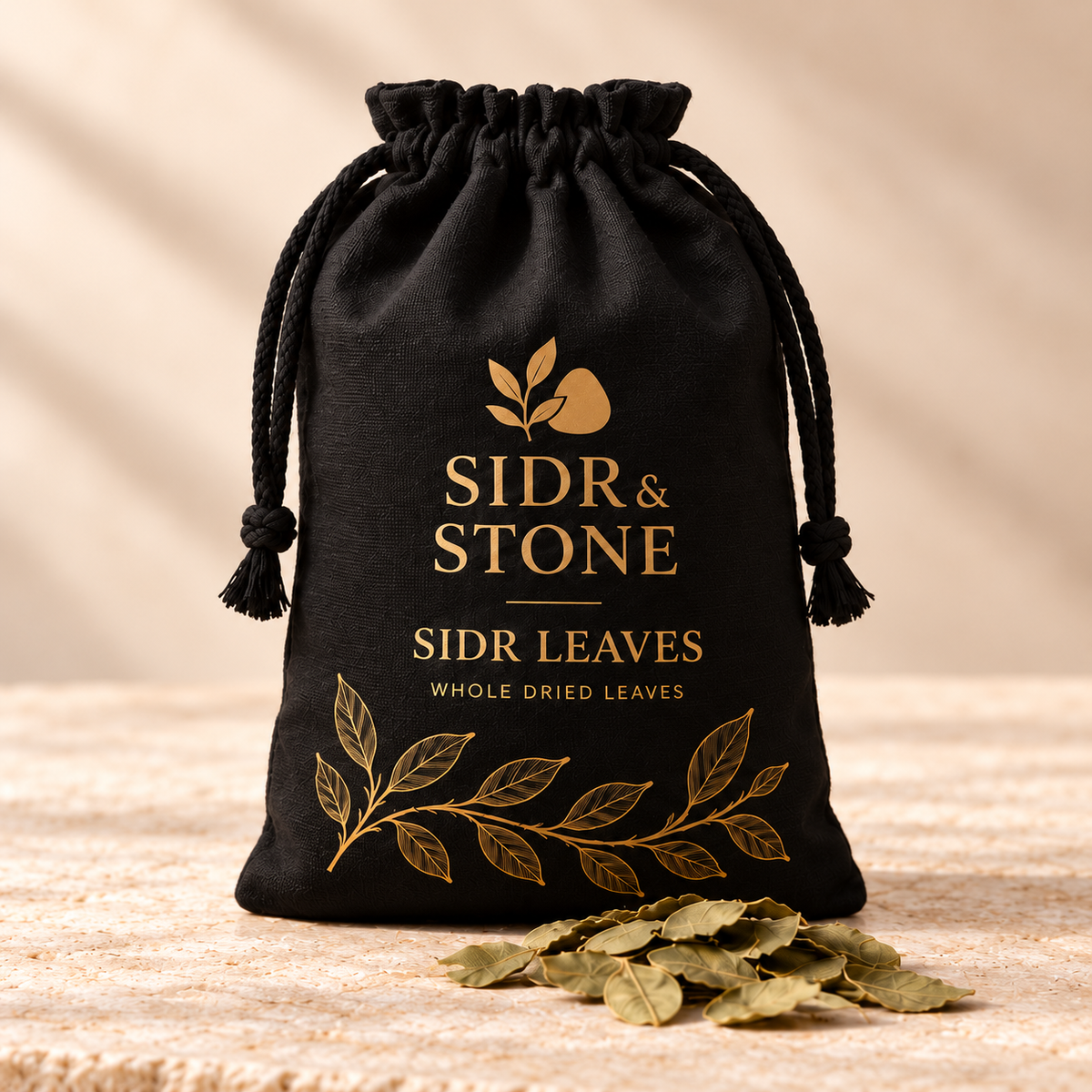 Sidr & Stone Sidr Leaves packaging concept photographed on a warm stone surface