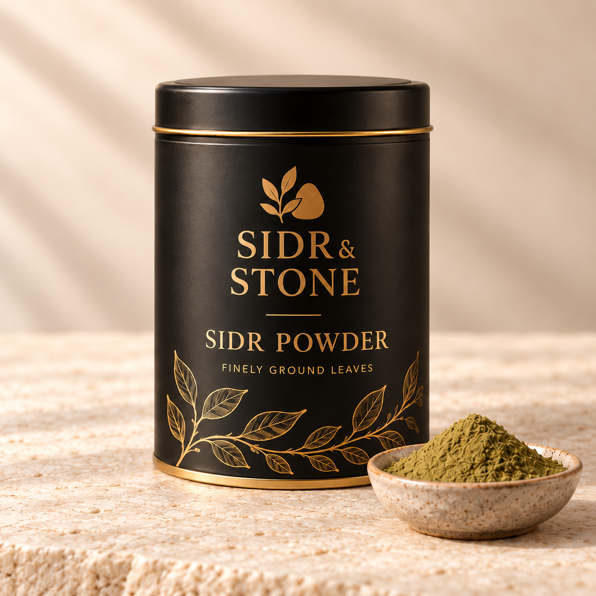 Sidr & Stone Sidr Powder packaging concept photographed on a warm stone surface