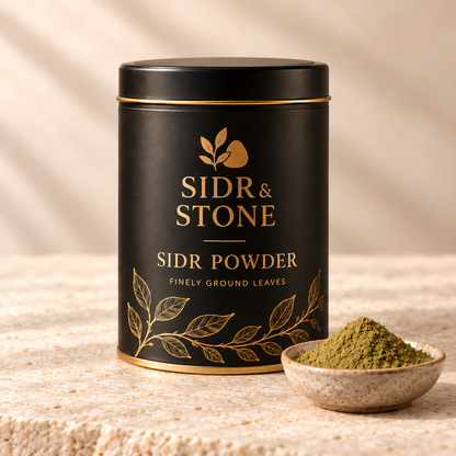 Sidr & Stone Sidr Powder packaging concept photographed on a warm stone surface