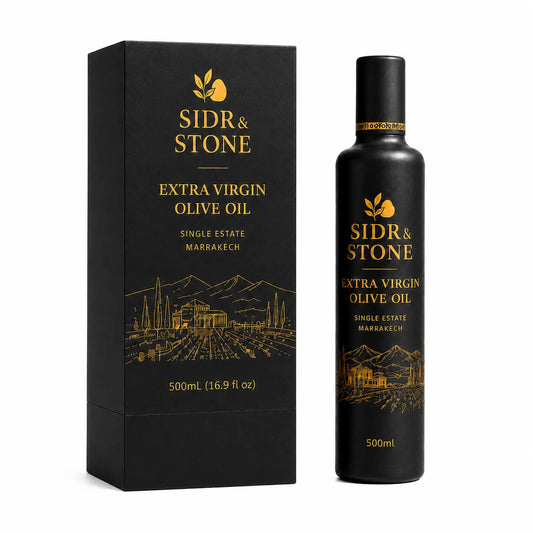 Sidr & Stone 500ml single estate Marrakech extra virgin olive oil bottle with black presentation box.