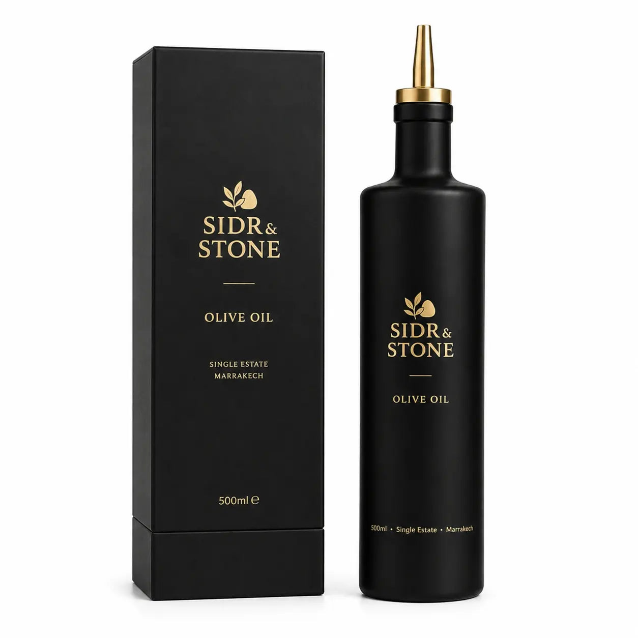 Sidr & Stone single-estate Marrakech olive oil, 500ml matte black bottle with gold pourer and gift box